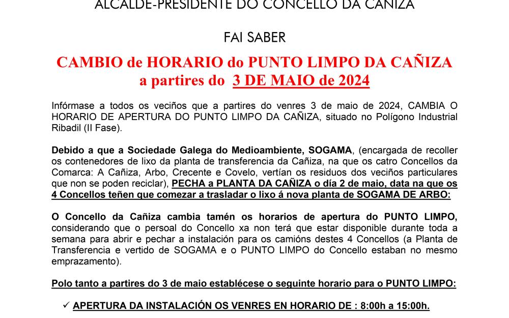 o PUNTO LIMPO da Cañiza cambia de horario a partires do 3 de maio de 2024