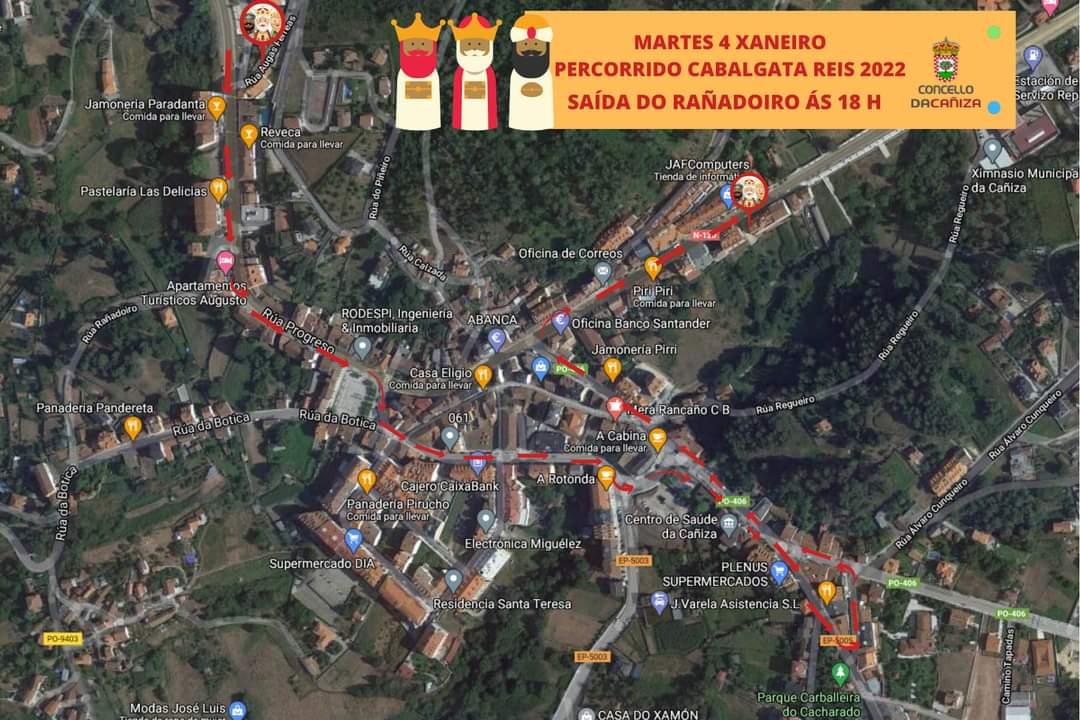 Mapa do percorrido das súas maxestades os Reis Magos polas rúas da Cañiza