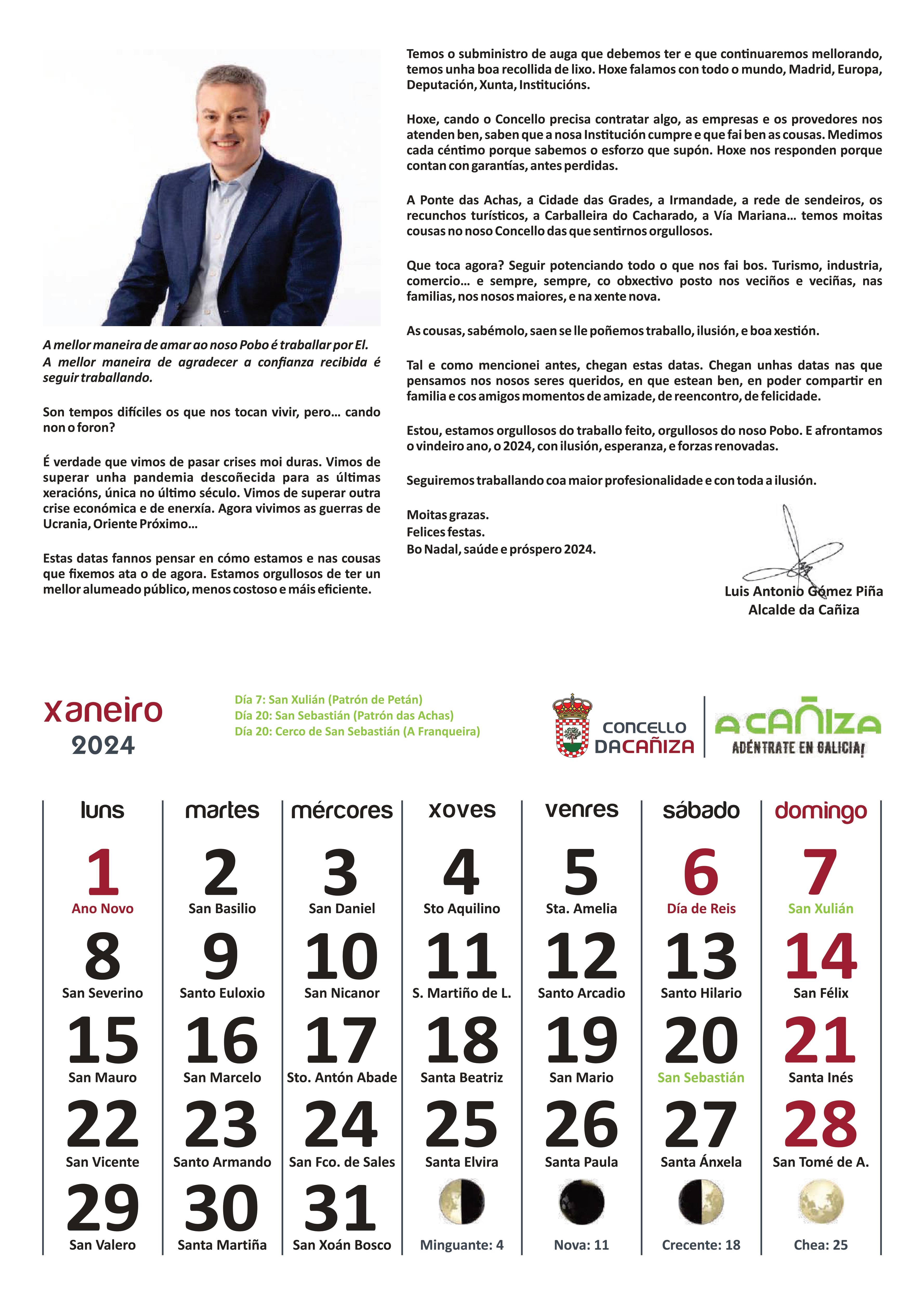 Calendario do Concello da Cañiza para o ano 2024