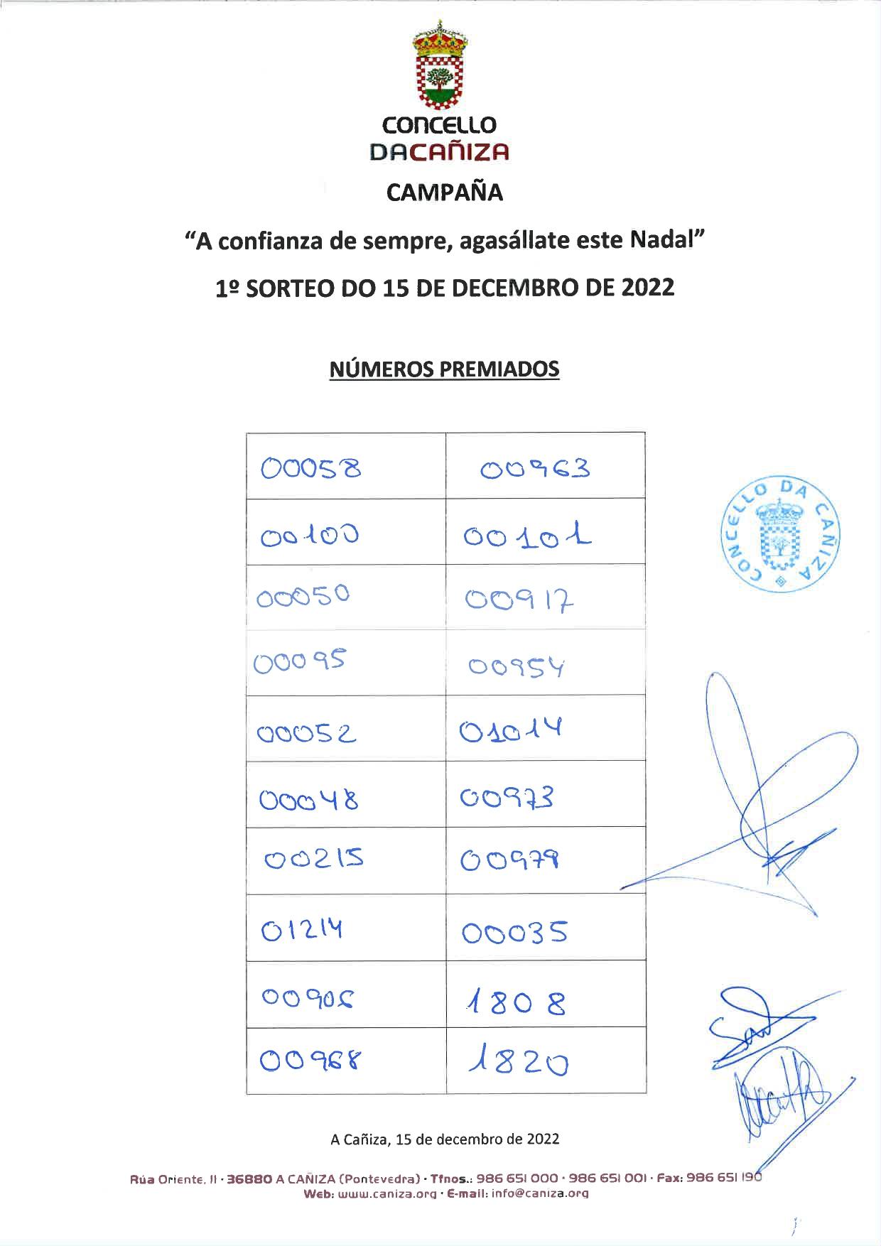 Números premiados no 1º sorteo da campaña :A Confianza de sempre, agasállate este Nadal