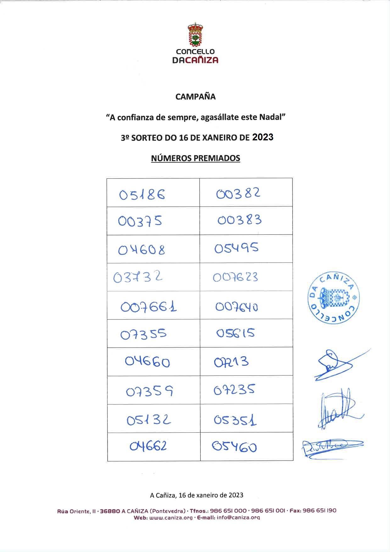 Números premiados no 3º sorteo da campaña «A Confianza de sempre, agasállate este Nadal» celebrado este 16 de xaneiro de 2023