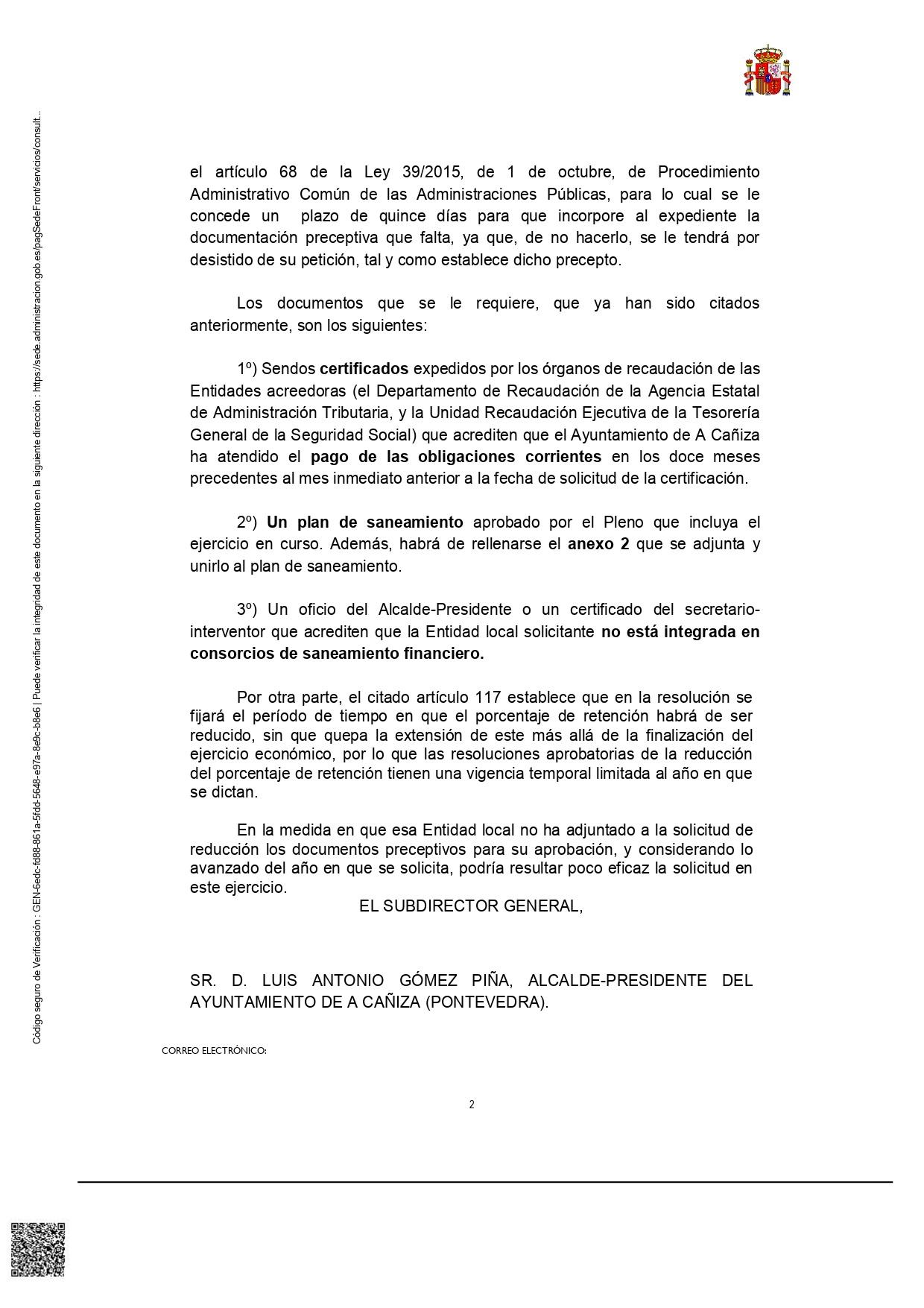 Escrito de Hacienda solicitando un Plan de Saneamento Financeiro