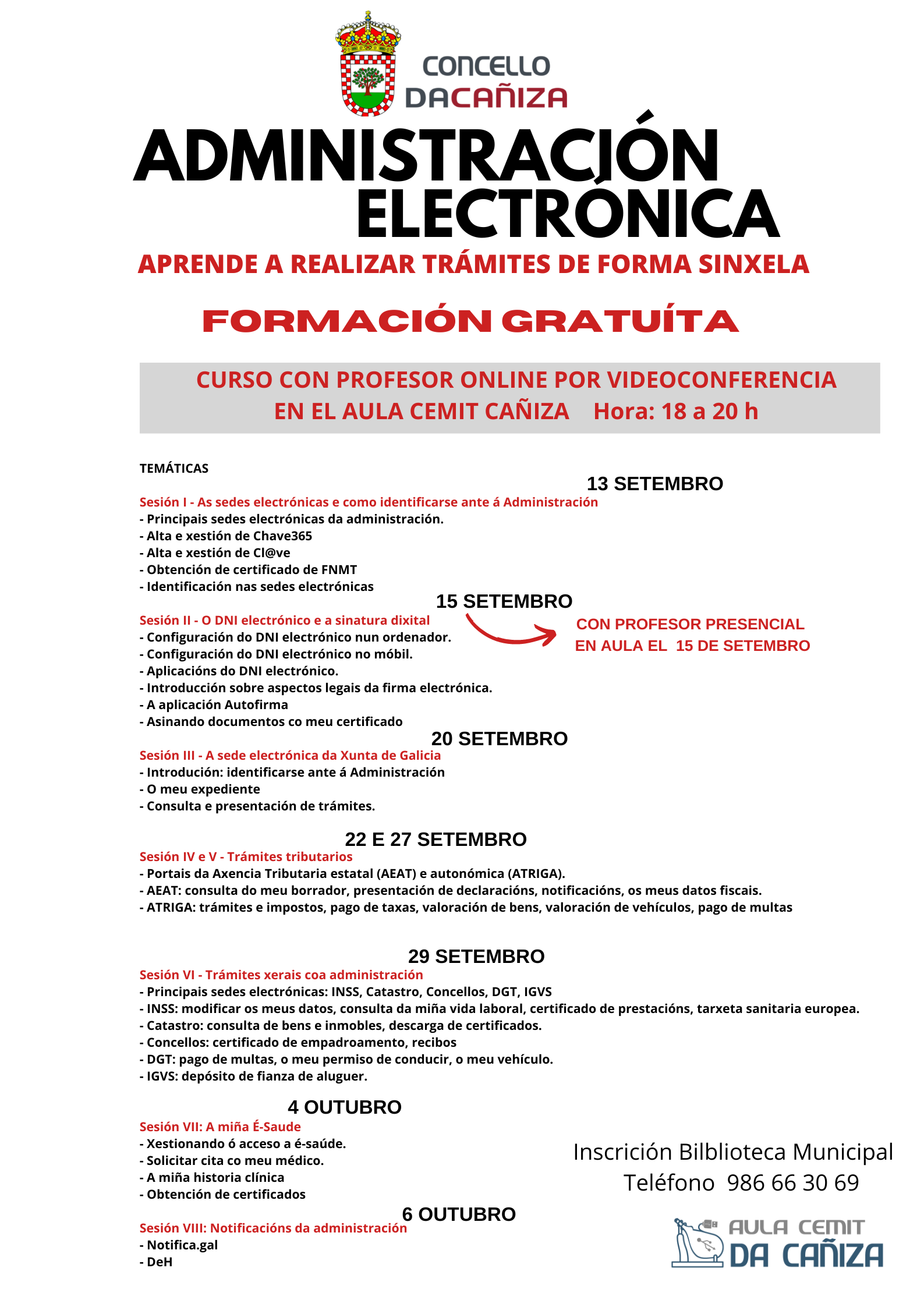Calendario de formacións sobre ADMINISTRACIÓN ELECTRÓNICA que se impartirán no Aula Cemit da Cañiza durante o mes de setembro e outubro de 2022
