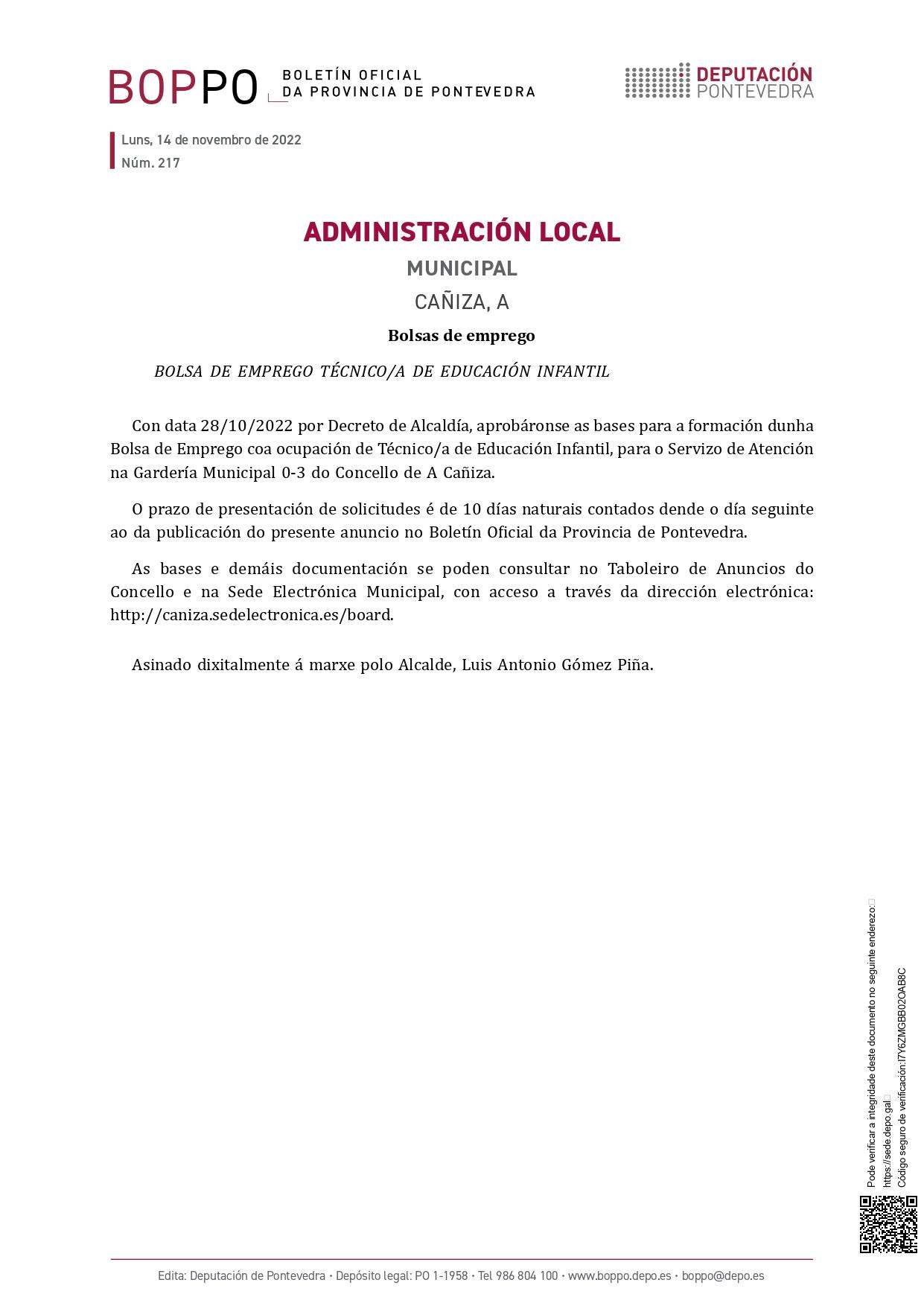 BOLSA DE EMPREGO TÉCNICO/A DE EDUCACIÓN INFANTIL
