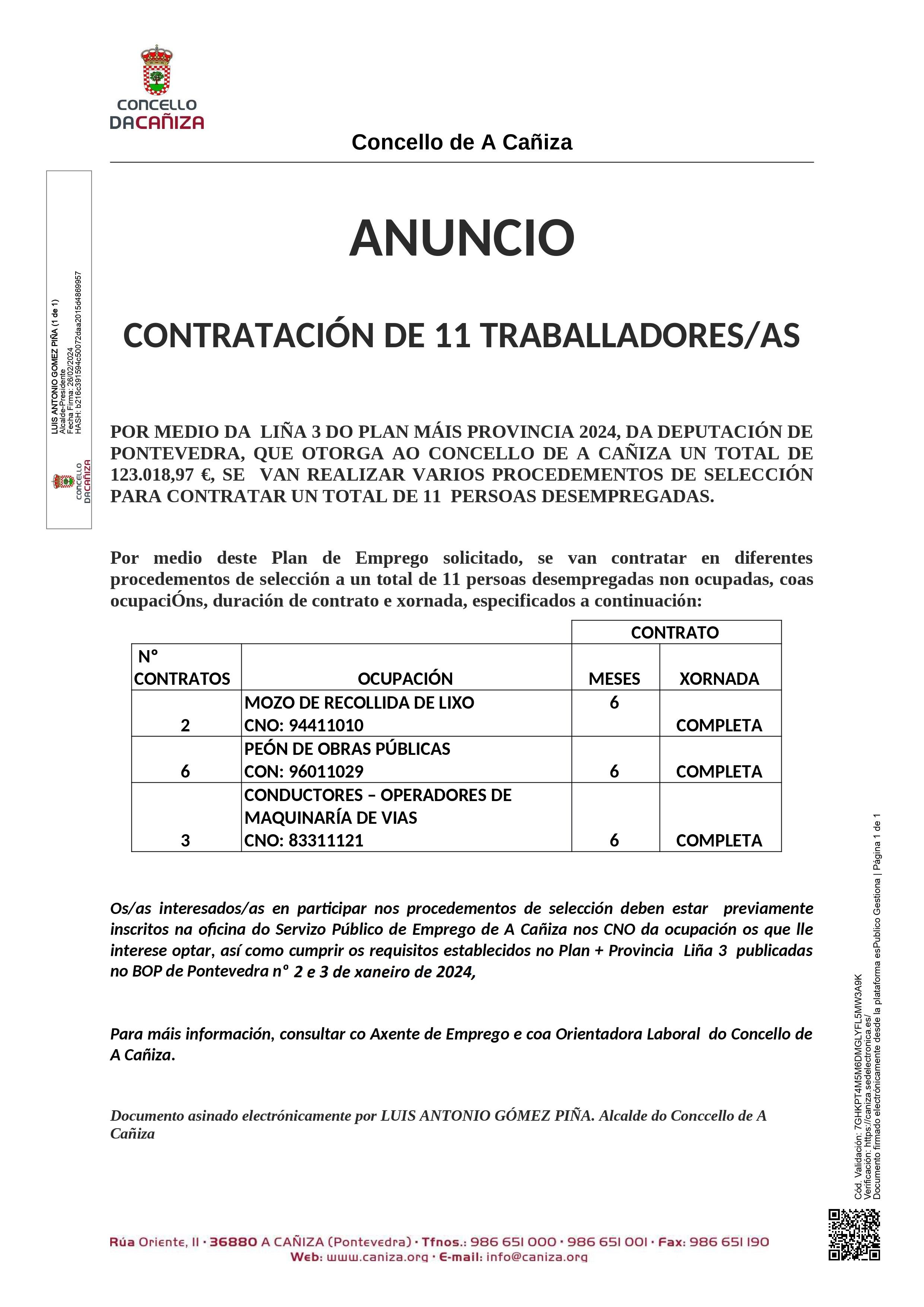 O Concello contratará neste ano a 11 traballadores, ao abeiro da liña 3 de axudas do plan «+ Provincia» da Deputación de Pontevedra