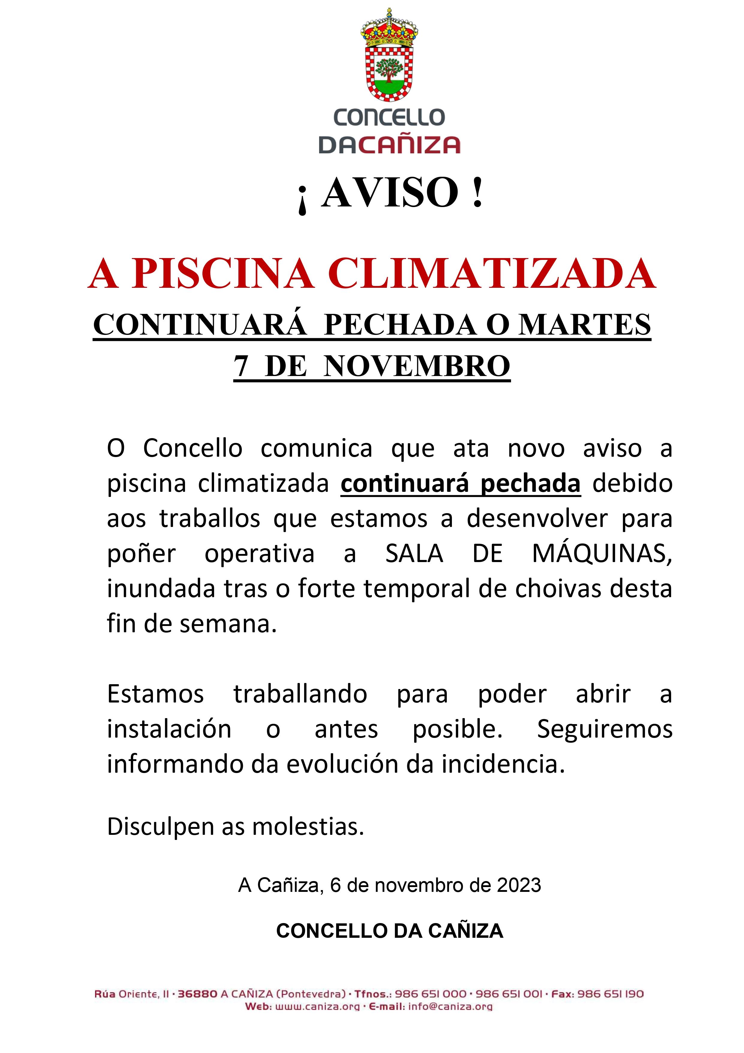 A piscina climatizada permanecerá pechada tamén o martes 7 de novembro