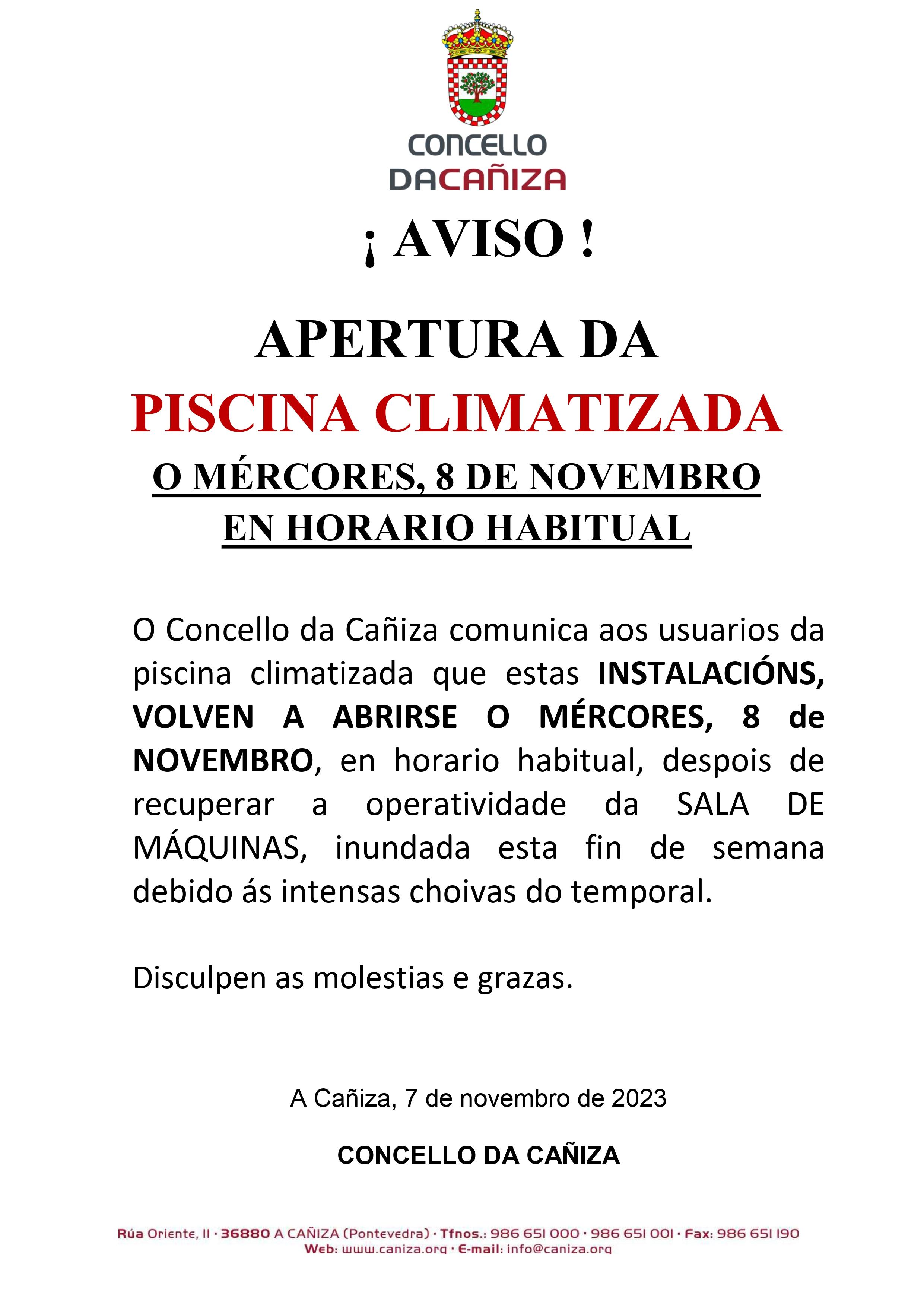 A piscina climatizada abre as instalacións este mércores, 8 de novembro, despois de recuperar a operatividade da Sala de Máquinas