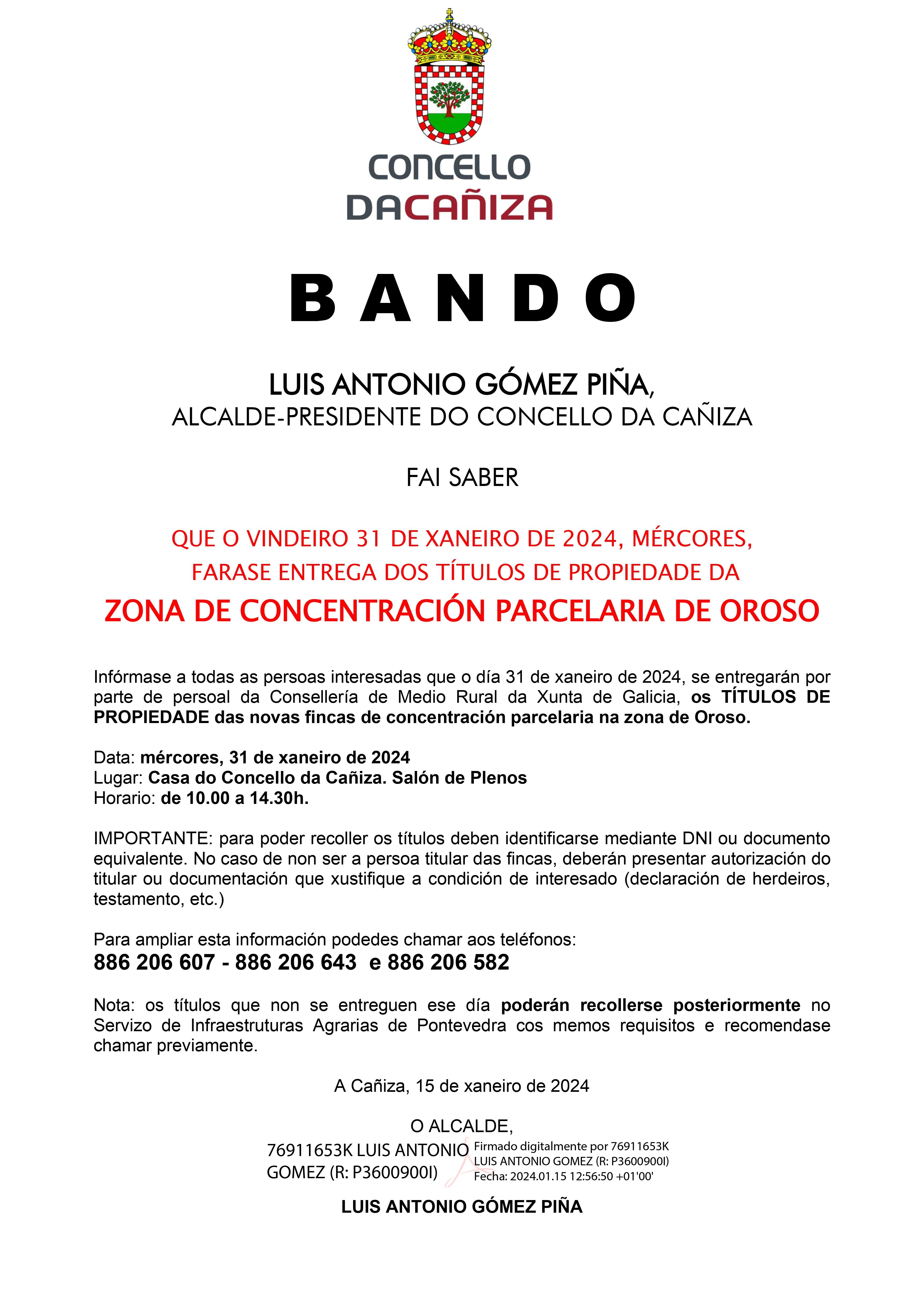 Bando entrega dos títulos de propiedade da Zona de Concentración Parcelaria de Oroso