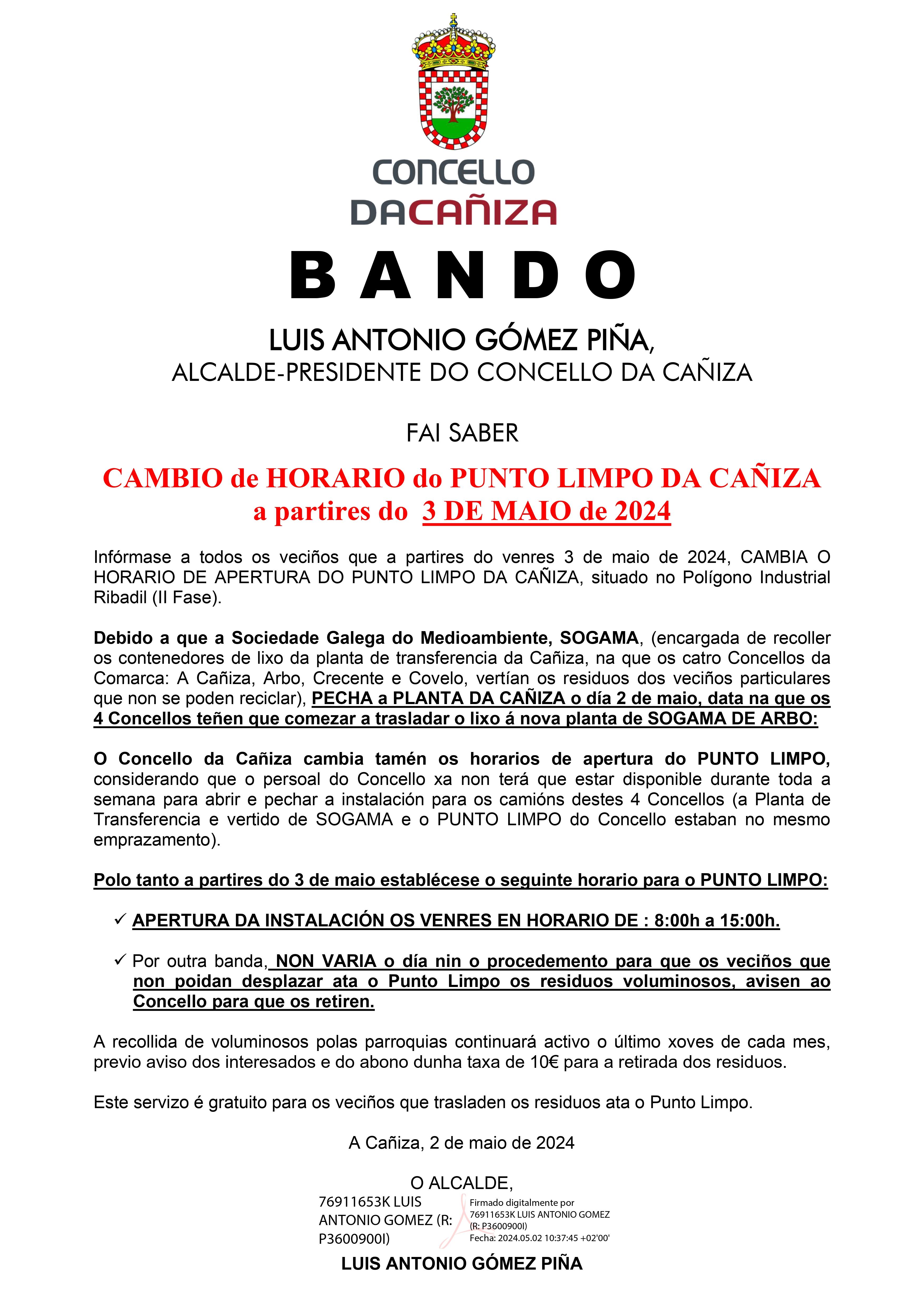 o PUNTO LIMPO da Cañiza cambia de horario a partires do 3 de maio de 2024