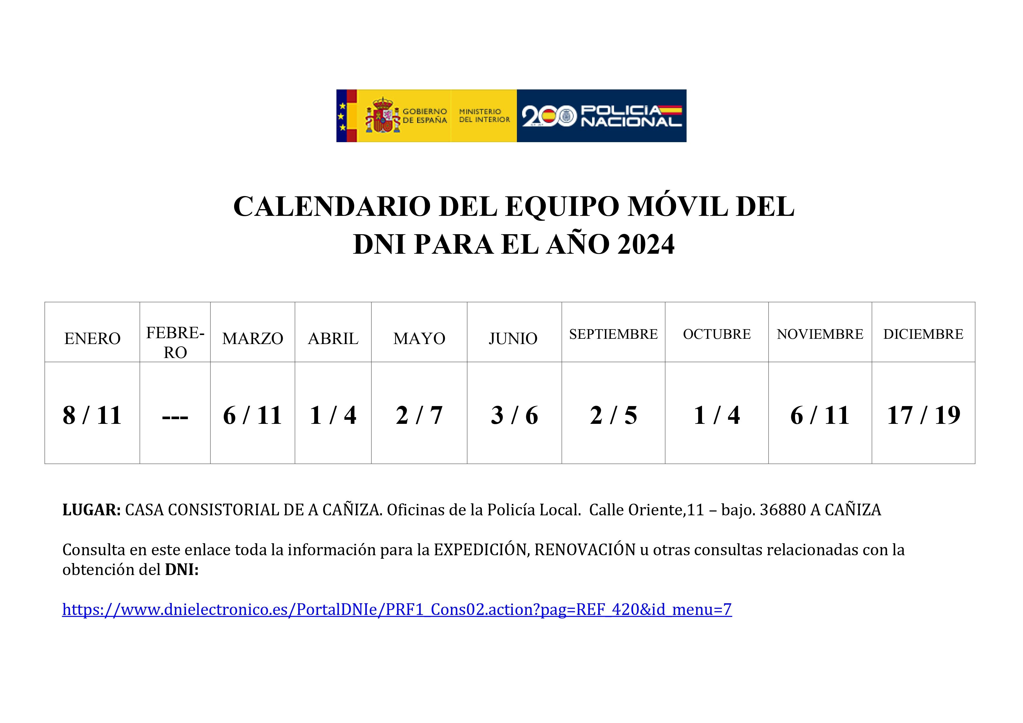 Calendario de visitas do equipo rural de expedición e renovación do DNI  da policía Nacional
