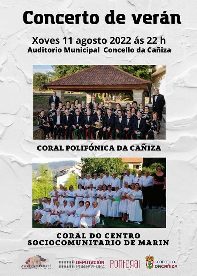 Concerto da Coral Polifónica da Cañiza e da Coral do Centro sociocomunitario de Marín, hoxe 11 de  agosto na Casa de Cultura a partires das 22h