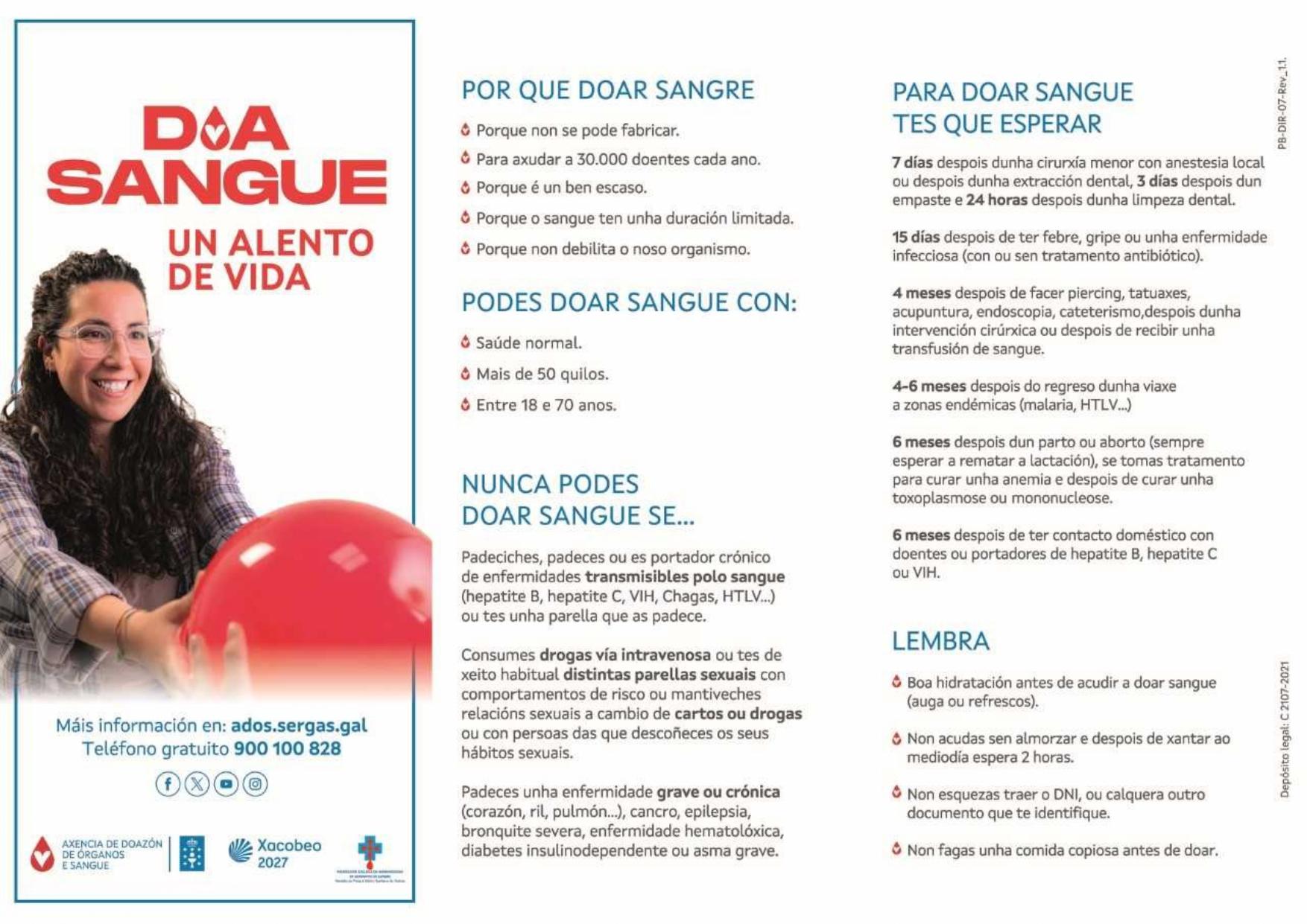 A axencia de doazón de sangue ADOS estará na Caniza o 13 de outubro en horario de 10:00 a 14:00 - 16:00 a 21:00 horas