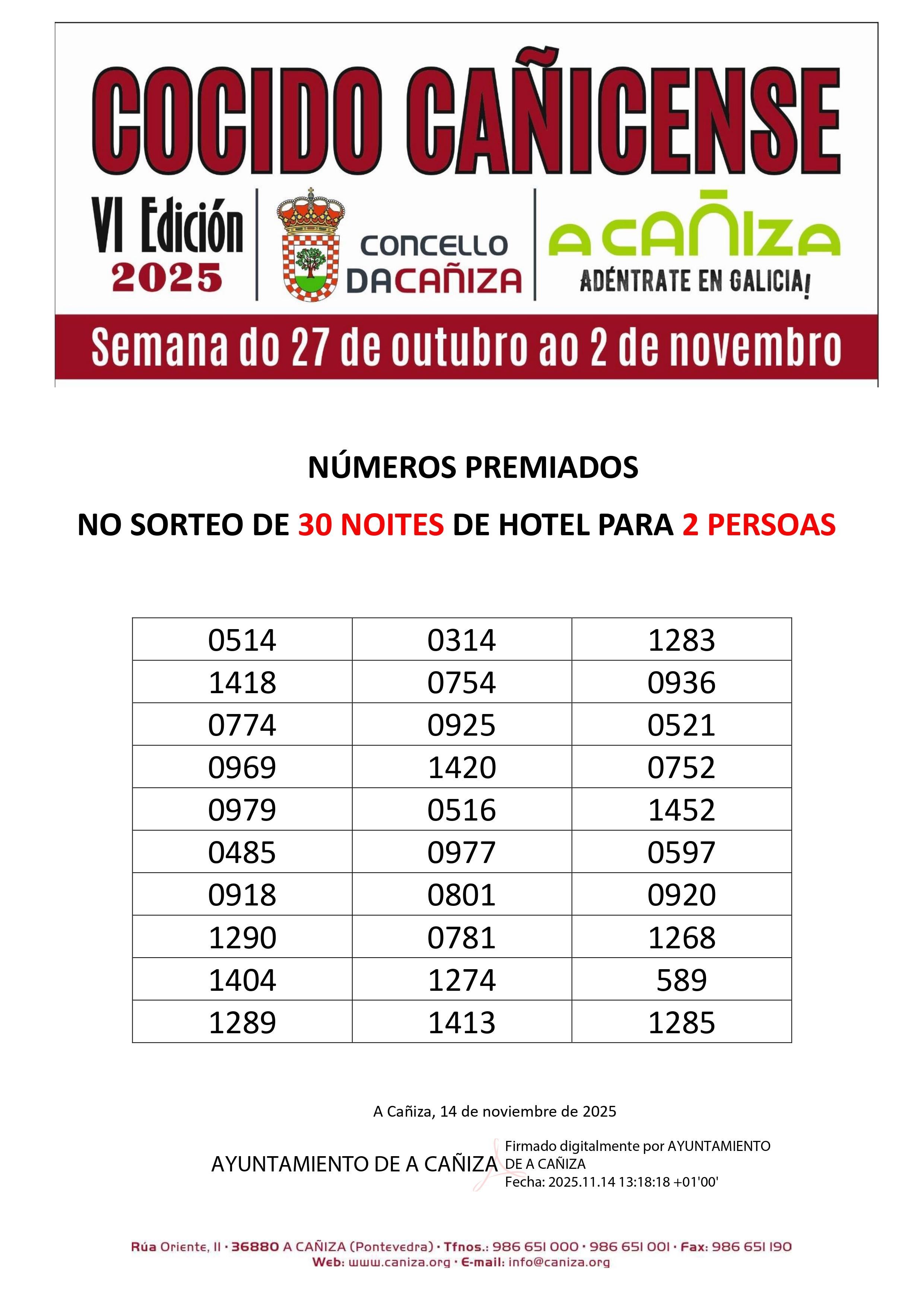 A «VI Tempada do Cocido Cañicense» pecha cun sorteo de 30 noites de hotel