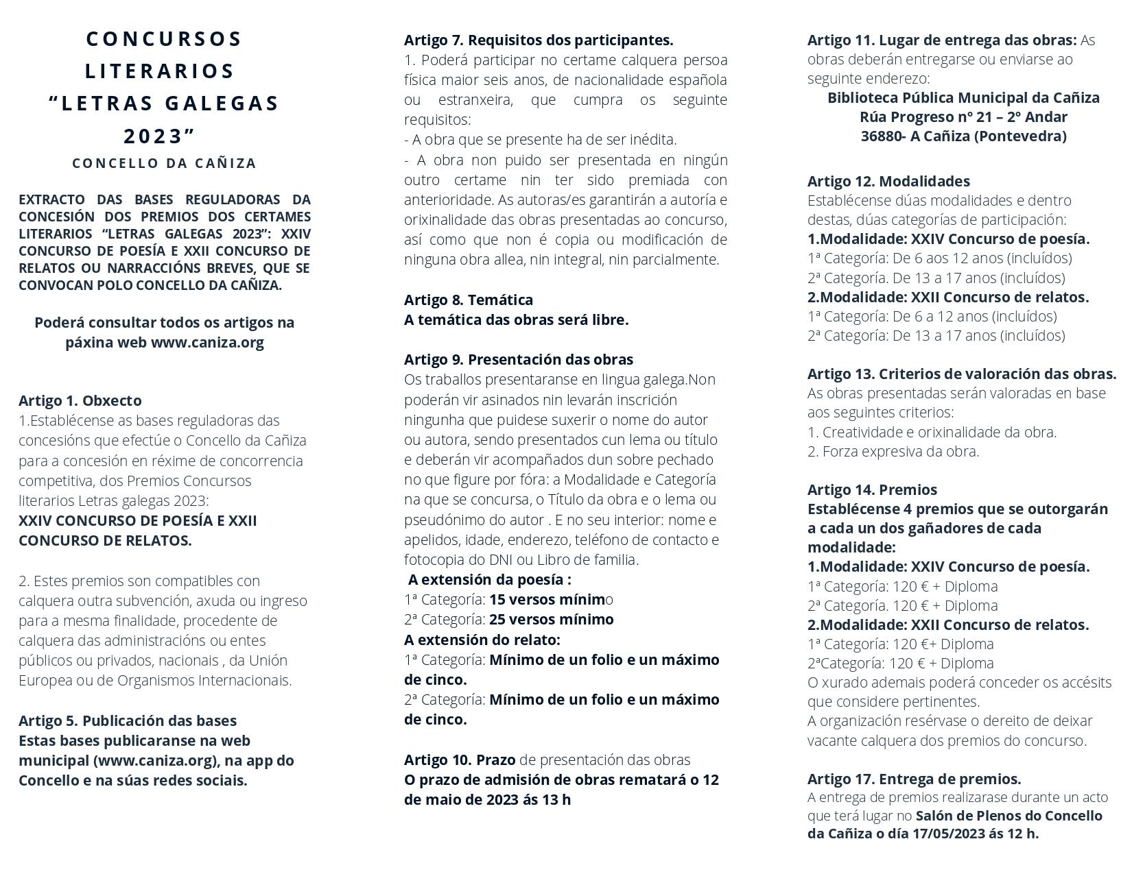 Concursos Literarios  Concello da Cañiza Letras Galegas 2023