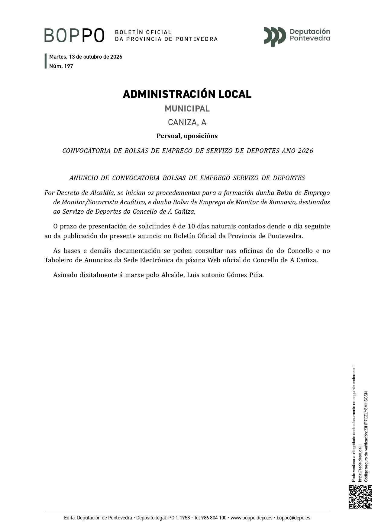 Convocatoria de formación de 2 bolsas de emprego para o Servizo de Deportes do Concello para a anualidade 2026