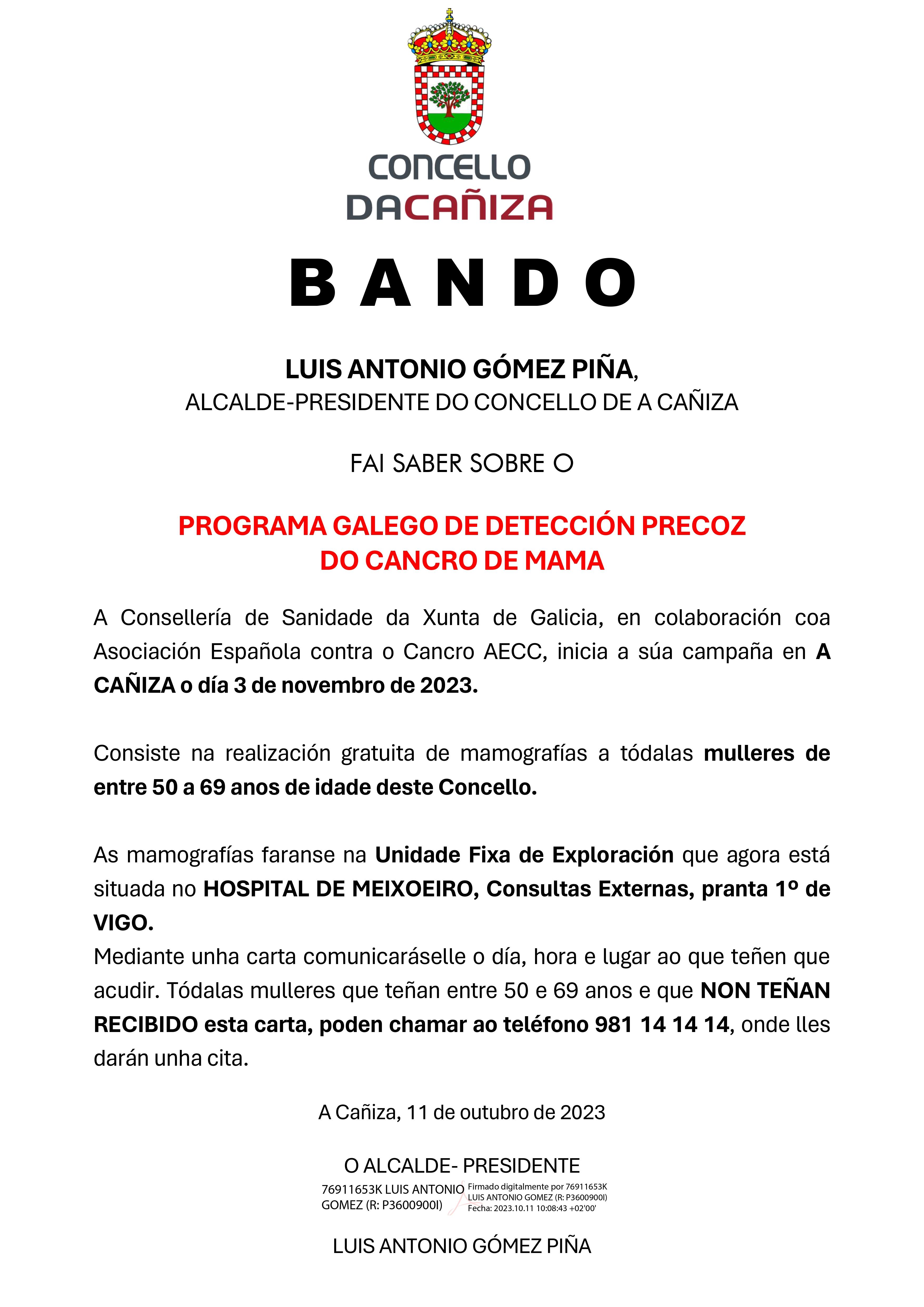 Bando informando sobre o Programa Galego de Detección Precoz do Cancro de Mama da Consellería de Sanidade da Xunta e a AECC