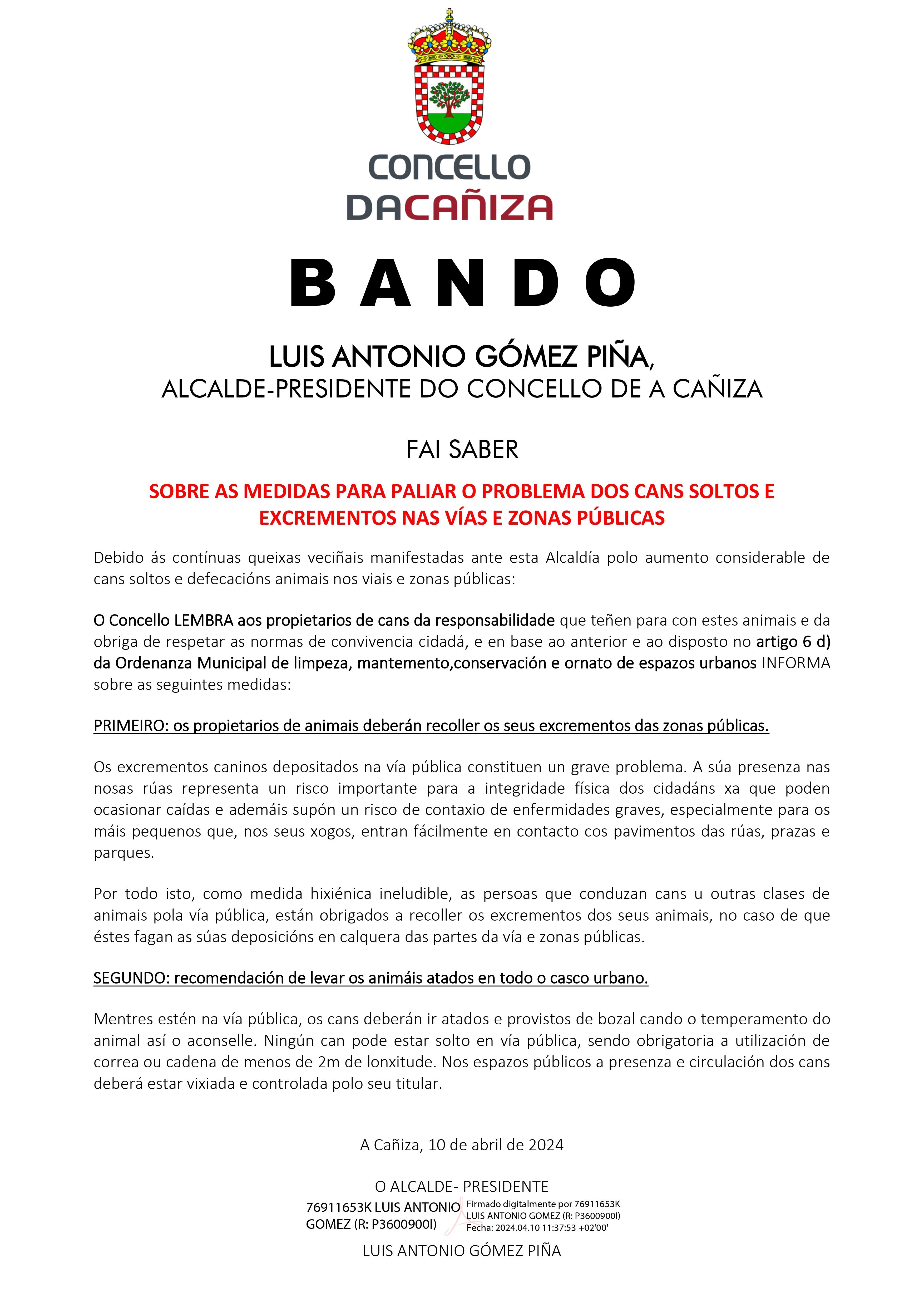 Bando sobre medidas para paliar o problema dos cans soltos e excrementos nas vías e zonas públicas