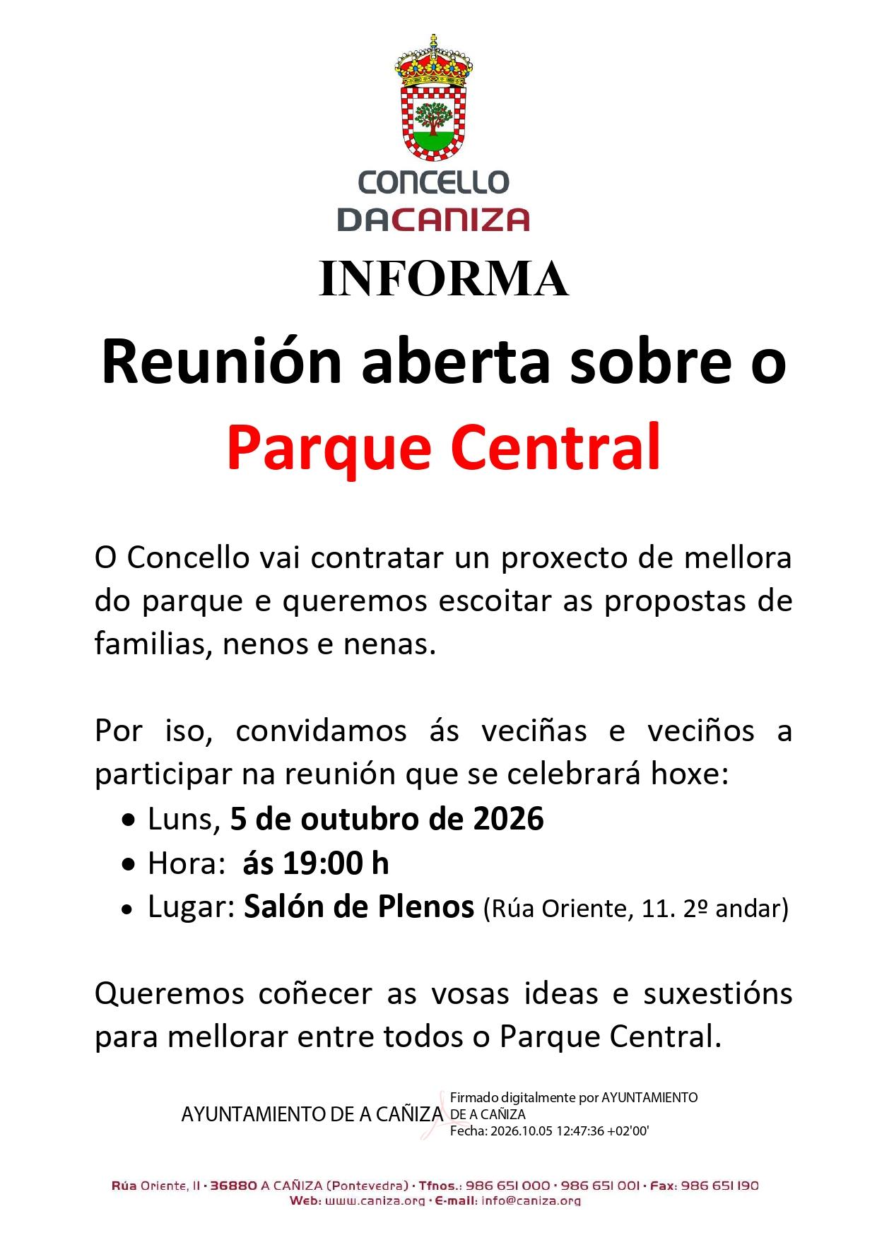 O Concello celebra hoxe unha reunión aberta para falar das necesidades do Parque Central da Caniza