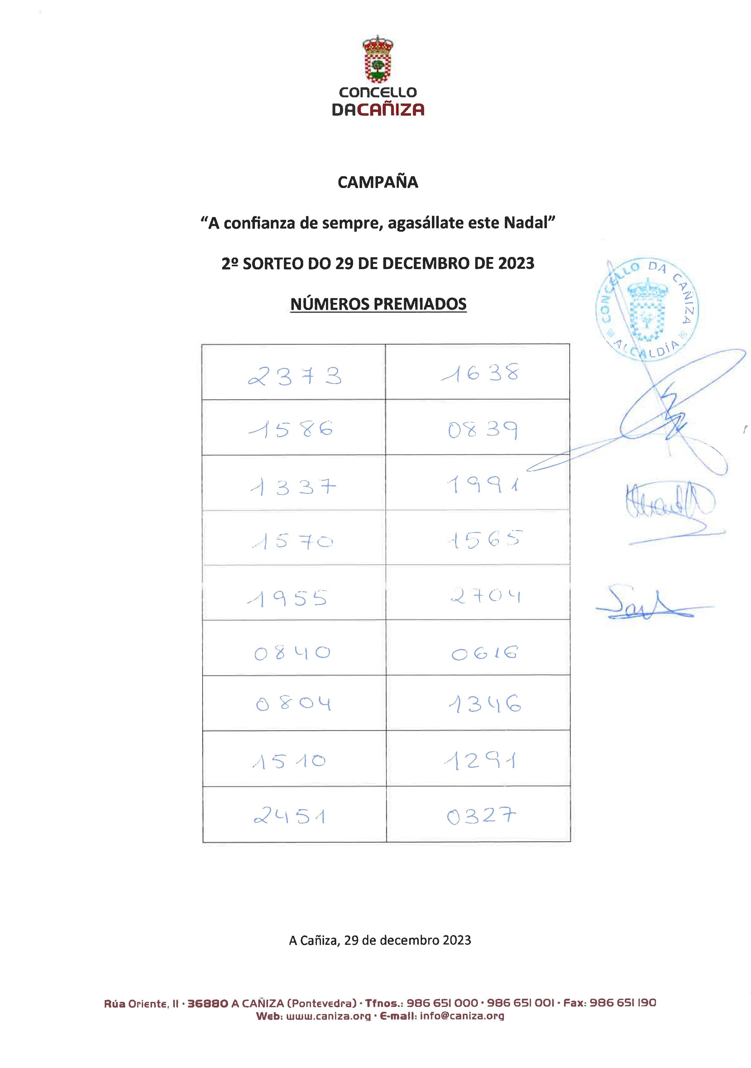 numeros premiados no 2º sorteo da campaña de Nadal de apoio ao noso comercio  celebrado o 29 de decembro