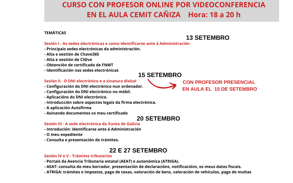 Calendario de formacións sobre ADMINISTRACIÓN ELECTRÓNICA que se impartirán no Aula Cemit da Cañiza durante o mes de setembro e outubro de 2022