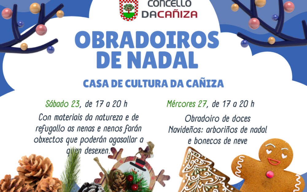 Obradoiros de Nadal para os máis pequenos os días 23 e 27 de decembro na Casa de Cultura