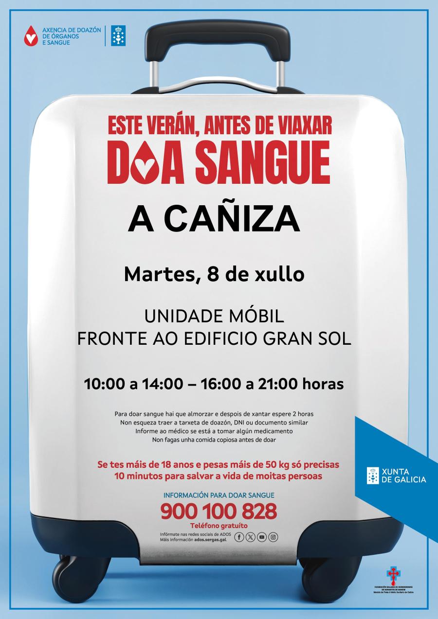 DOAZON DE SANGUE.  Martes 8 de xullo de 2025. A Unidade Móbil de ADOS estará de volta na Cañiza de 10h a 14h e de 16h a 21h 