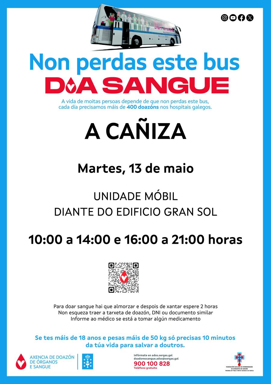 DOAZON DE SANGUE.  Martes 13 de MAIO.  A Unidade Móbil de ADOS estará de volta na Cañiza de 10h a 14h e de 16h a 21h