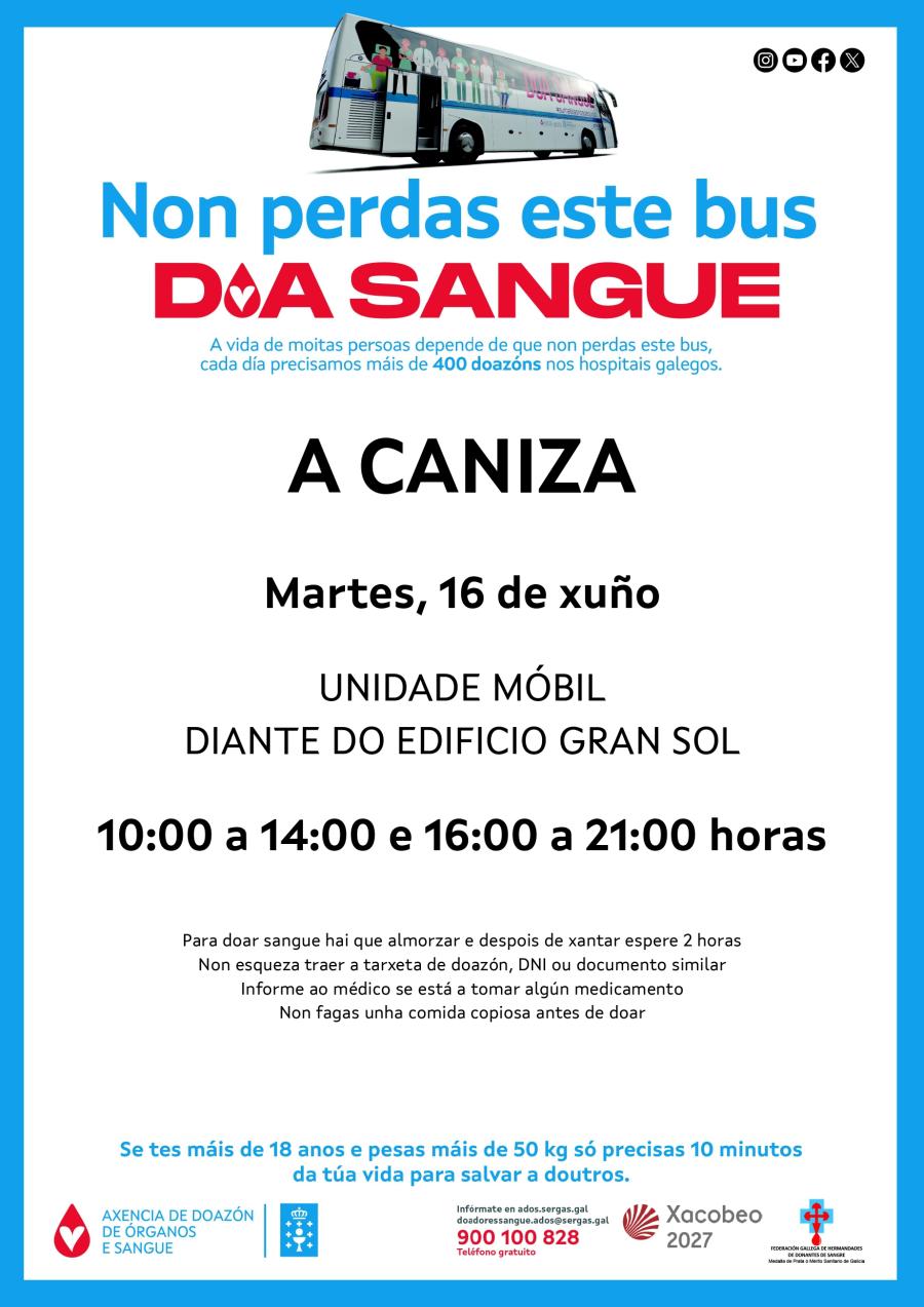 A unidade Móbil de ADOS estará na Cañiza o 16 de xuño de 2026 en horario de 10 a 14h e de 16 a 21h