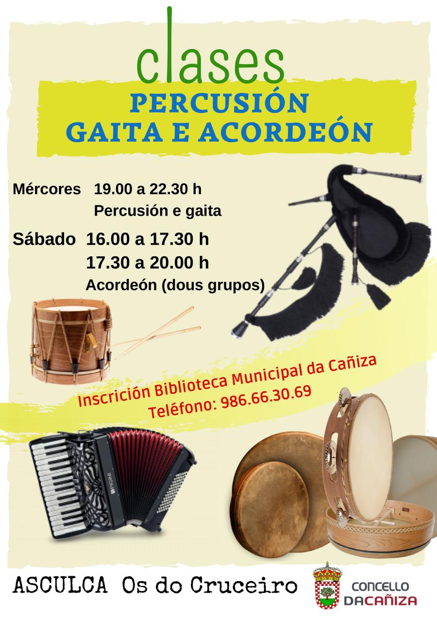 Clases de percusión, gaita e acordeón organizado pola Asociación Cultural As.Cul.Ca "Os do Cruceiro". Curso 2024- 2025